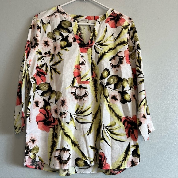 Van Heusen Womens Linen Rayon Pullover Blouse Floral Sz L Cruise Travel Spring - Picture 1 of 9